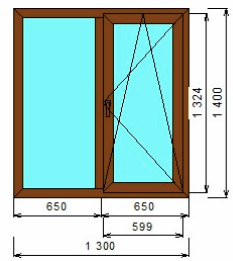 Коричневое окно ПВХ двухстворчатое 1300x1400 Plafen L-line
